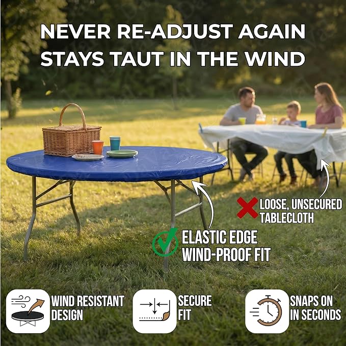 Kwik-Covers 10 Pack of Round Plastic Table Covers - 60" or 72" Round - Indoor or Outdoor Fitted Covers (Tables NOT Included) (Royal Blue, 60" Round)