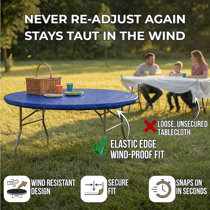 Kwik-Covers 10 Pack of Round Plastic Table Covers - 60" or 72" Round - Indoor or Outdoor Fitted Covers (Tables NOT Included) (Royal Blue, 60" Round)