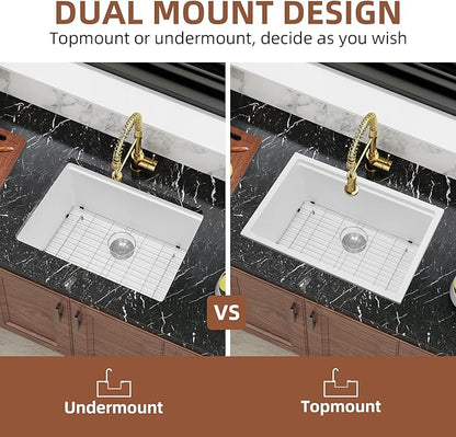 Davivy 27 Inch White Undermount Kitchen Sink Workstation, Dual Mount Granite Quartz Composite Kitchen Sink, Single Bowl with Accessories