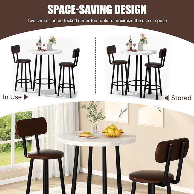 Recaceik Pub Table and Chairs Set of 2, 24" Dining Table Set with 2 PU Leather Upholstered Stools, 3-Piece Round Small Space Kitchen Table Pub Table Set for Apartment Dining Room, Living Room, White