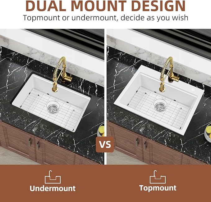 Davivy 25 Inch White Granite Composite Kitchen Sink Workstation, Quartz Kitchen Sink White, Drop in & Undermount Installation, Single Bowl Design with Accessories