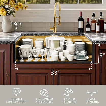 33 Inch Gold Undermount Kitchen Sink, NANO-PVD 304 Stainless Steel Sinks 16 Gauge Single Bowl Ledge Workstation With Accessories, 33"x19"x9" Inch Large and Deep Basin