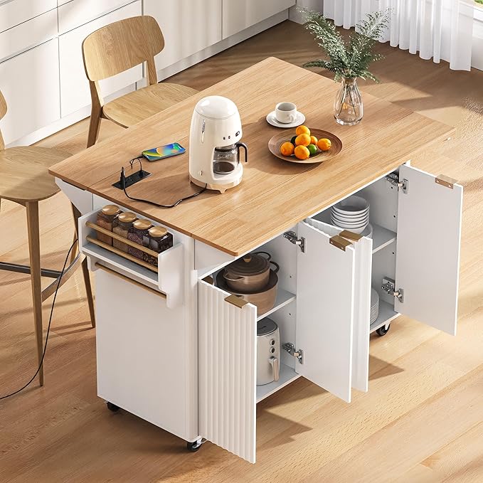 Modern Dining Table Kitchen Island with 2 Drop, Cart Power Outlet, 4 Doors Spice Rack, Rolling Table Faux Marble Top, Curved Edge Wood Console,White-MDF