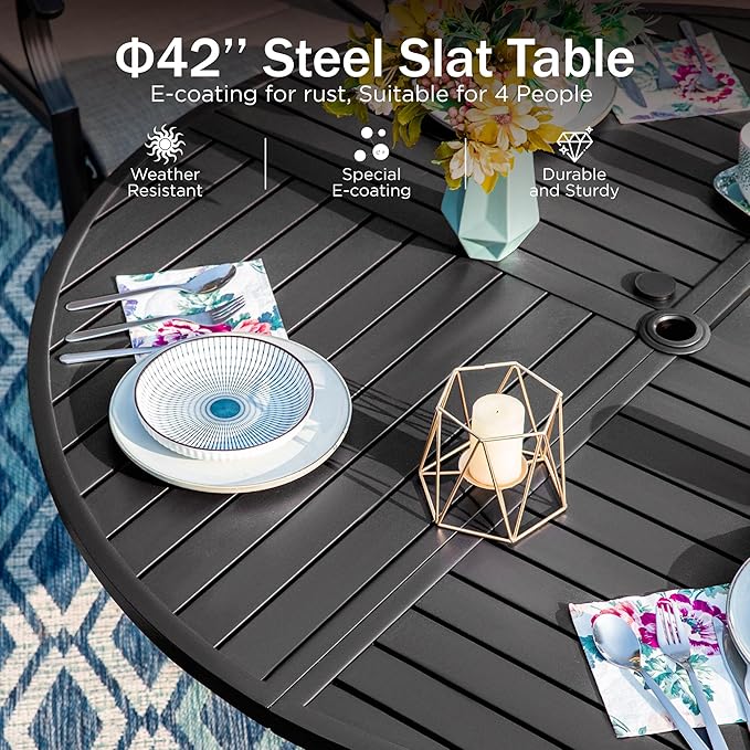 PHI VILLA Patio Dining Set 5 Piece, 4 Breathable Textilene Swivel Patio Chairs and 1 Round Metal Table with 1.57" Umbrella Hole, All Weather Resistant for Lawn Garden