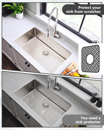 2 Pack Silicone Sink Protector for Kitchen Sink, Trellis Pattern 12 x 11" Sink Grid Mat Silicone Protectors, Center Drain, Black
