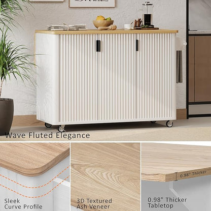 RUNNA Fluted Kitchen Island with Drop Leaf,Farmhouse Accent on Wheels with Internal Storage Rack,Rolling Cart with Towel Rack for Kitchen,Dining Room,White(White@046)