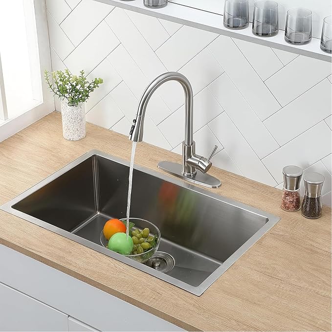 Kitchen Faucet with Pull Down Sprayer, Brushed Nickel Stainless Steel Kitchen Sink Faucet, Single Handle 1 or 3 Hole Pull Out Sink Faucet for Bar Laundry RV Farmhouse, RC-KYT010L-D