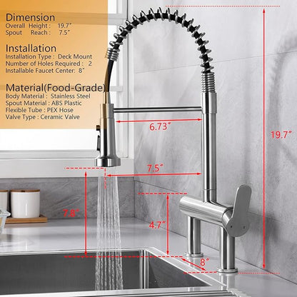 8“ Center Bridge Faucet, Deck Mount Pre Rinse Faucet, with Pull Down Sprayer, High Arc Single Handle Spring Commercial Sink Faucet, Brushed Nickel