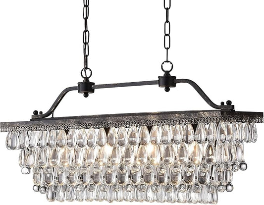 Edvivi Rectangular Linear Crystal Chandelier 30 in. W, 4 Lights Luxury Glam Adjustable Ceiling Lighting Fixture with 4 Rows of Teardrop Crystals for Living Dining Room Kitchen Island, Antique Bronze