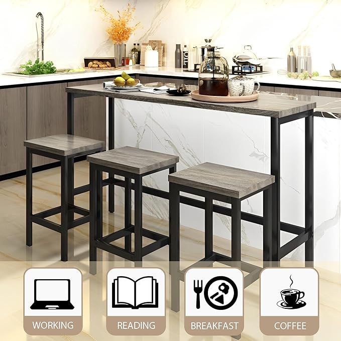 Merax 4-Piece Counter Height 60.2inch Extra Long Dining Table Set with 3 Stools and Side Table with Footrest,Space-Saving Pub Kitchen Set,Gray