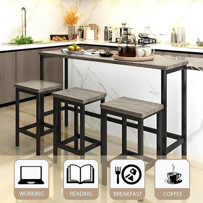 Merax 4-Piece Counter Height 60.2inch Extra Long Dining Table Set with 3 Stools and Side Table with Footrest,Space-Saving Pub Kitchen Set,Gray