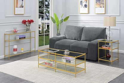 Convenience Concepts Royal Crest Glass Console Hall Table 42" - 3 Tier Modern, Contemporary Narrow Display Accent with Storage Shelves for Living Room, Entryway, Hallway, & Bedroom, Gold