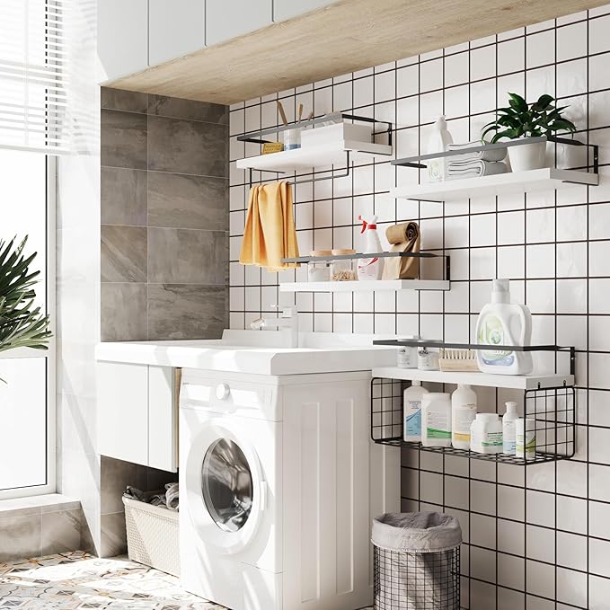 White Wood Floating Shelves Wall Mounted - 4+1 Tier Rustic Bathroom Wall Shelves Over Toilet with Wire Storage Basket and Towel Bar, set of 4 Farmhouse Floating Shelf for Bathroom, Kitchen, Bedroom.