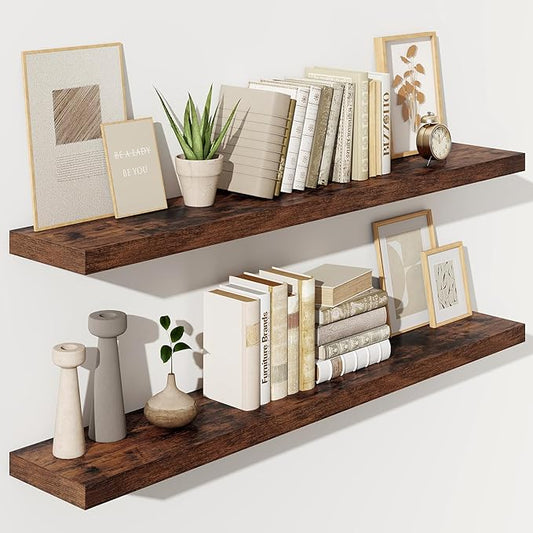 Fun Memories 55 Inch Floating Shelves for Wall, Fireplace Mantel Shelf with Invisible Heavy Duty Bracket, 8 Inch Deep Storage Shelf for Living Room, Kitchen, Farmhouse, Brown (2-Pack)