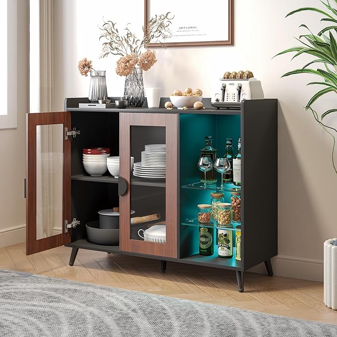 HedoAjim Sideboard Buffet Cabinet with Storage, Farmhouse Buffet Table Coffee Bar Storage Cabinet with 4 Doors, 3 Drawers and Shelves, Sideboard for Dining Room Kitchen (Brown)