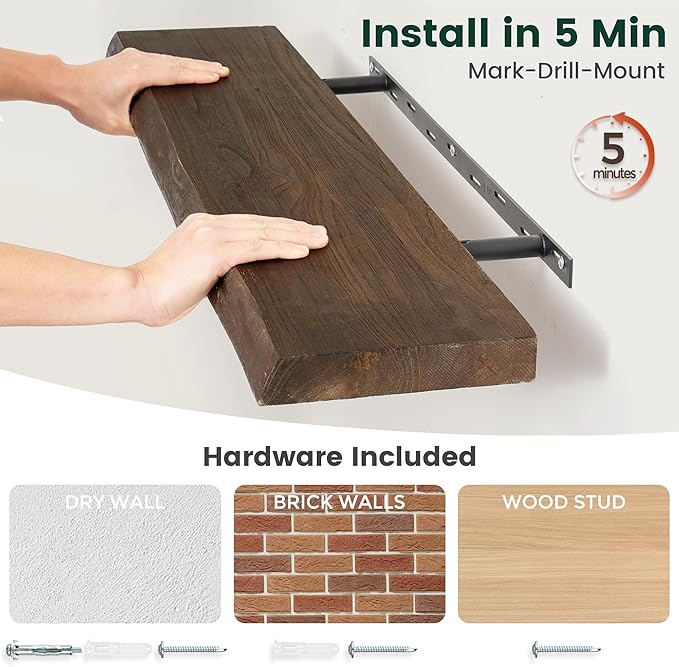 24 Inch Live Edge Floating Shelves, 8 Inch Deep Solid Elm Wood Wall Shelf, Heavy-Duty Wall Mounted Shelf with Invisible Brackets for Living Room, Bathroom, Kitchen, Set of 2, Walnut Color