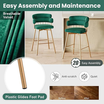 26" Counter Height Bar Stools Set of 2, 180° Swivel Upholstered Bar stools with Backs and Metal Legs, Bar Stools for Kitchen Island, Cafe, Pub,Green