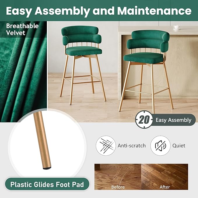 26" Counter Height Bar Stools Set of 2, 180° Swivel Upholstered Bar stools with Backs and Metal Legs, Bar Stools for Kitchen Island, Cafe, Pub,Green