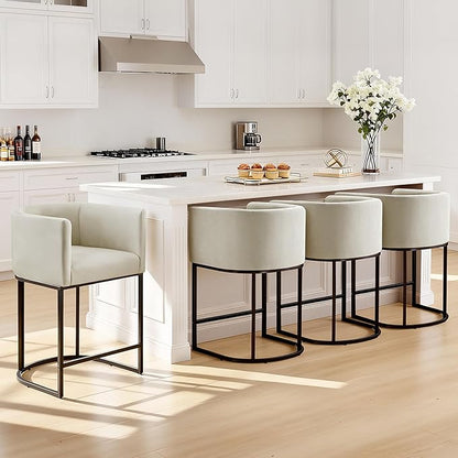 24" Counter Height Bar Stools Set of 4, Modern Barrel Counter Stools with Backrest and Arms, Fabric Upholstered Accent Barstools with Metal Legs for Kitchen Island,Sand