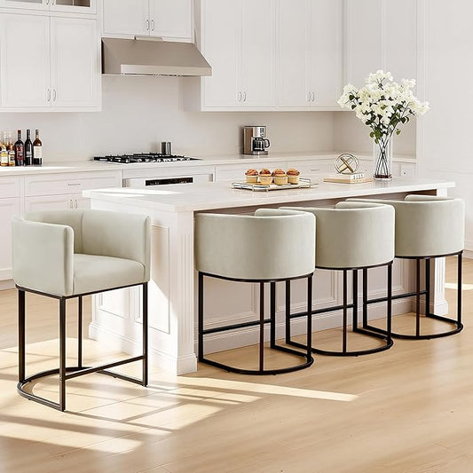 24" Counter Height Bar Stools Set of 4, Modern Barrel Counter Stools with Backrest and Arms, Fabric Upholstered Accent Barstools with Metal Legs for Kitchen Island,Sand