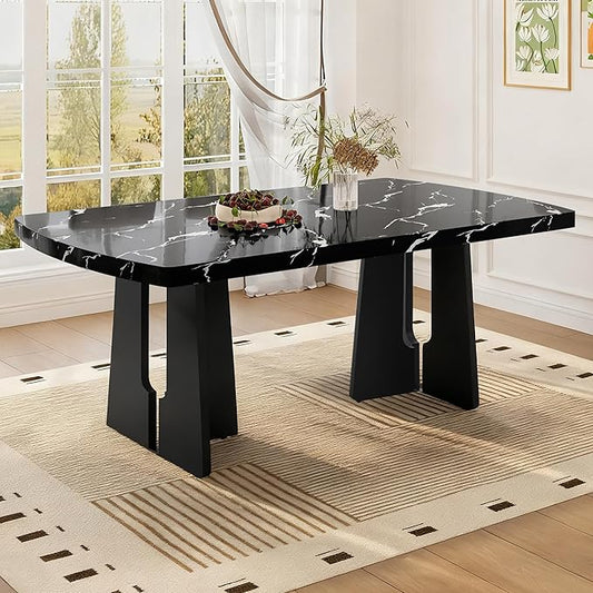 63" Faux Marble Island Table, Rustic Dining Table with Sturdy Legs, Farmhouse Dining Table for Home Gatherings & Workspaces, Black
