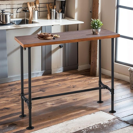 LOKKHAN Rectangular Dining Table for 4, (47.3" L x 41.3" H x 23.6" W), Heavy Duty Metal Pipe, Solid Wood Desktop, Home Kitchen Bar Office Cafe Pub, Rustic Industrial, Black & Brown