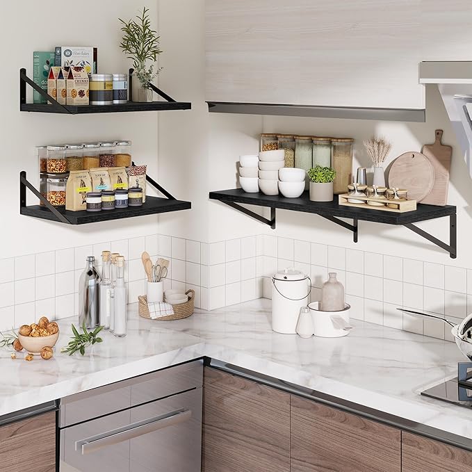 Deep Wall Shelves 16"W x 12"D Engineered Wood Floating Shelves for Wall, Sturdy Metal Bracket Bookshelves Home Decor Storage for Living Room Bedroom Bathroom Kitchen, Set of 2, Black Finish