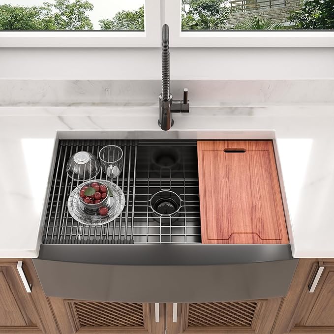 36 Black Farmhouse Sink - Lordear 36 Inch Kitchen Sink Ledge Workstation Gunmetal Black 16 Gauge Single Bowl Apron Front Farm Sinks Basin, 9" Apron Height