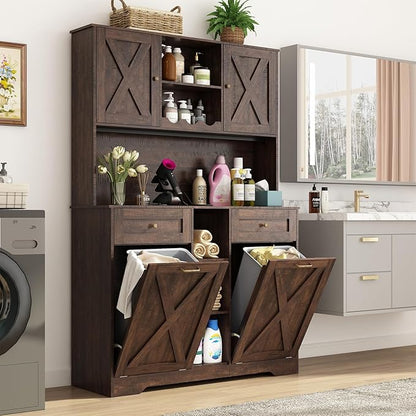 71" Tall 47"Wide Kitchen Pantry Storage Cabinet with Power Outlets,Farmhouse Kitchen Double Tilt Out Trash Cabinet 10X2 Gallon Garbage Holder with Two Drawers,Freestand Laundry Sort Cabinets(Brown)