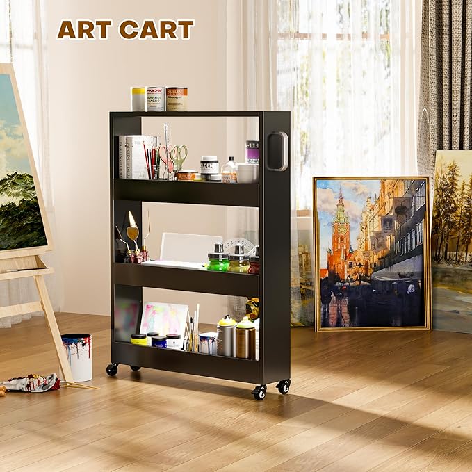 Slim Storage Cart, Lightweight 4 Tier Metal Rolling Utility Kitchen Cart on Wheels, Mobile Storage Shelving Unit Organizer for Bathroom Laundry Office Narrow Places (4 Tier-Black, 6" D)