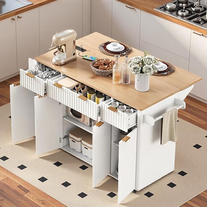 55.5" Mobile Kitchen Island, Fluted Kitchen Island with Storage, Drop Leaf, Power Outlet, 4 Doors and 3 Drawers, Wood-Grain Top, Rolling Island Table for Kitchen, Dining Room White