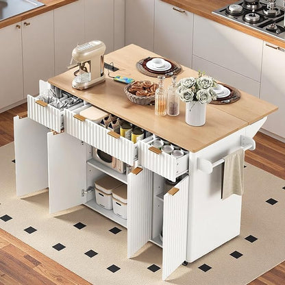 55.5" Mobile Kitchen Island, Fluted Kitchen Island with Storage, Drop Leaf, Power Outlet, 4 Doors and 3 Drawers, Wood-Grain Top, Rolling Island Table for Kitchen, Dining Room White