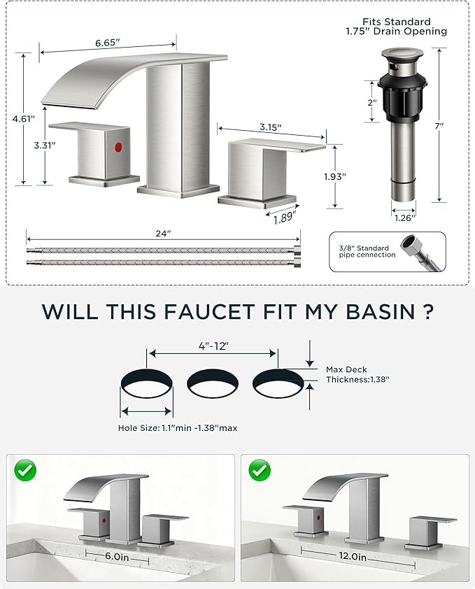 FORIOUS Waterfall Bathroom Faucets 3 Hole, 8 Inch Widespread Brushed Nickel Square Bathroom Sink Faucet with Metal Pop-up Drain and cUPC Hose, Two Handles for Vanity, RV, Farmhouse