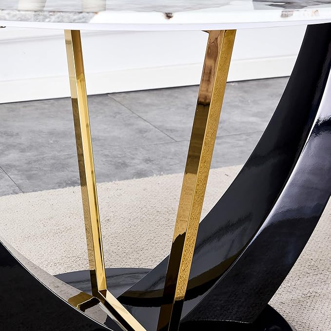 JUFU Round Dining Table for 4/6, 48 Inch Faux Marble Look Dining Room Table, Black Kitchen Table with Stable Pedestal, Modern Glass Dining Table for Kitchen,Living Room,Apartment,Restaurant
