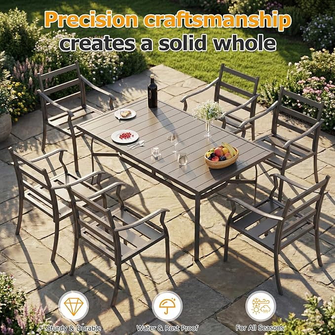 EROMMY 7-Piece Outdoor Patio Dining Set for 6, 6 Metal Slat Chairs & Rectangular Table with Umbrella Hole, Heavy-Duty Patio Furniture for Backyard, Deck and Garden