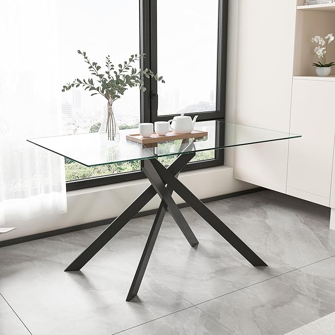 Glass Dining Table,51'' Rectangular Dining Kitchen Table,Modern X-Design Dining Room Table with Black Metal Base for Dining Room
