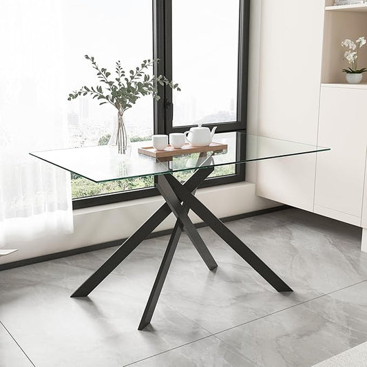 Glass Dining Table,51'' Rectangular Dining Kitchen Table,Modern X-Design Dining Room Table with Black Metal Base for Dining Room