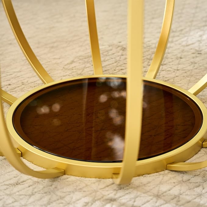 Saint Mossi 30" Glass Round Coffee Table for Living Room, Mid Century Modern 2-Tier Gold Drum Center Table, Brown Glass Top, Glass Shelf with Gold Finish Legs & Frame, W30xH16.5