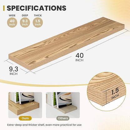 Acovy 40 Inch Floating Shelves, 9.3" Deep Floating Shelf Wall Mounted, 40" Wall Shelves, Rustic Deep Bookshelf, Large Display Shelves & Storage Shelves for Bedroom, Living Room, Light Brown, Set of 2