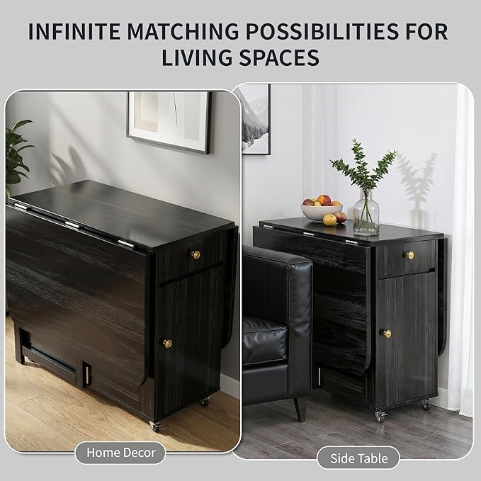 Small Folding Dining Table - 51" Fully Assembled Drop Leaf Table 4-6 Seater with Storage and Lockable Wheels, Space-Saving for Kitchen or Dining Room (Black)