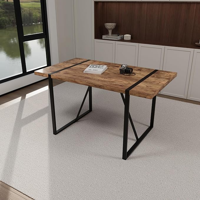 55" Stain-Resistant Dining Table, Kitchen Table with Metal Legs, Dinner Tables with Stable Frame for Dining Room & Living Space, Wood
