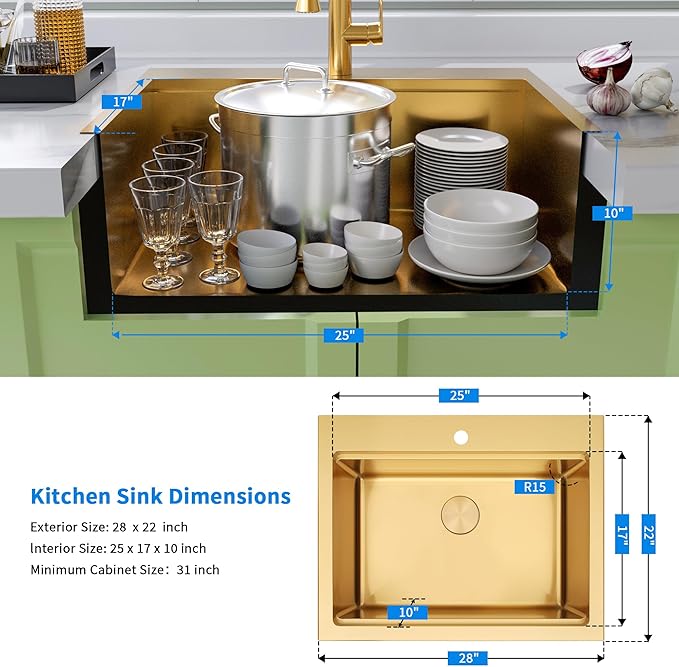 Gold Kitchen Sink 28" X 22",Drop In/Top Mount 16 Gauge Stainless Steel Workstation Sink,Deep & Large Single Bowl Kitchen Sinks (Gold, 28" X 22")