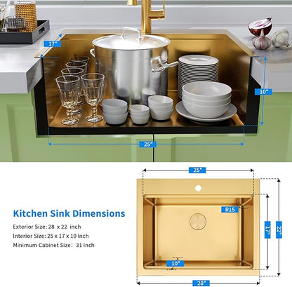 Gold Kitchen Sink 28" X 22",Drop In/Top Mount 16 Gauge Stainless Steel Workstation Sink,Deep & Large Single Bowl Kitchen Sinks (Gold, 28" X 22")