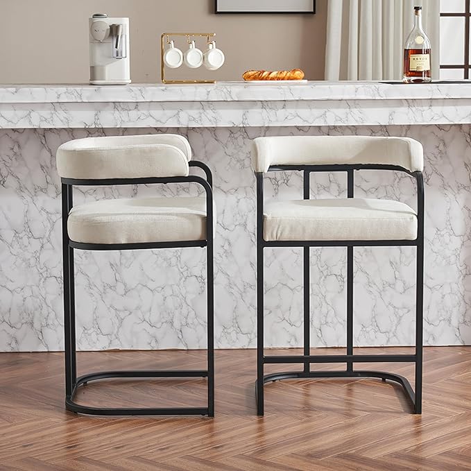 Modern Chenille Bar Stools Set of 2, Upholstered Counter Height Chairs with Metal e Armrests, Soft Chenille Fabric Bar Chairs for Kitchen Island, Dining Room, Home Bar,White PF966