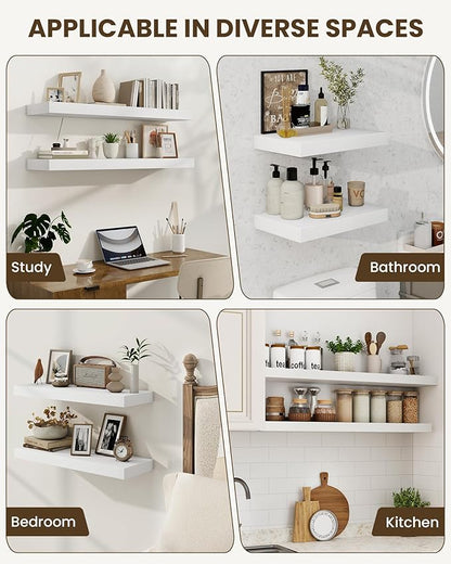 Marsmiles 40" Floating Shelves for Wall, Wooden Shelves with Invisible Brackets Set of 2, Rustic Farmhouse Wall Mounted Shelf for Kitchen Bathroom Living Room Study, White