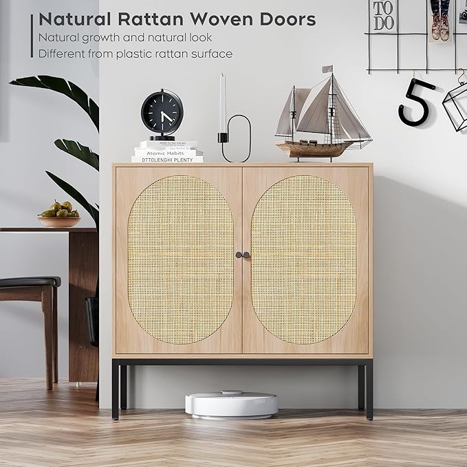 Brafab Set of 2 Rattan Cabinet with Storage, Accent Sideboard Credenza Console Buffet Table, for Living Room, Entryway, Dining Room/Oval Doors/Natural