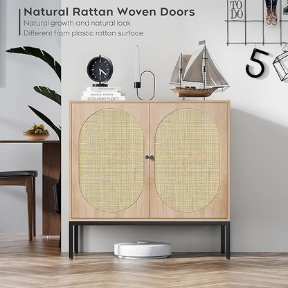 Brafab Set of 2 Rattan Cabinet with Storage, Accent Sideboard Credenza Console Buffet Table, for Living Room, Entryway, Dining Room/Oval Doors/Natural
