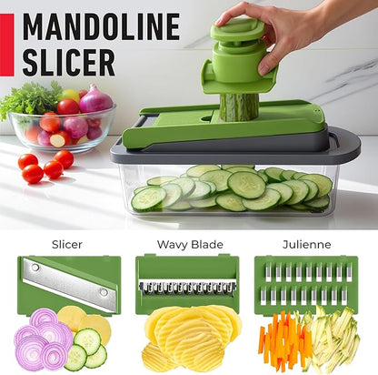 Mueller Pro-Series 10-in-1, 8 Blade Vegetable Chopper, Onion Mincer, Cutter, Dicer, Egg Slicer with Container, French Fry Cutter Potato Slicer, Home Essentials, Salad Chopper,Gray/Green