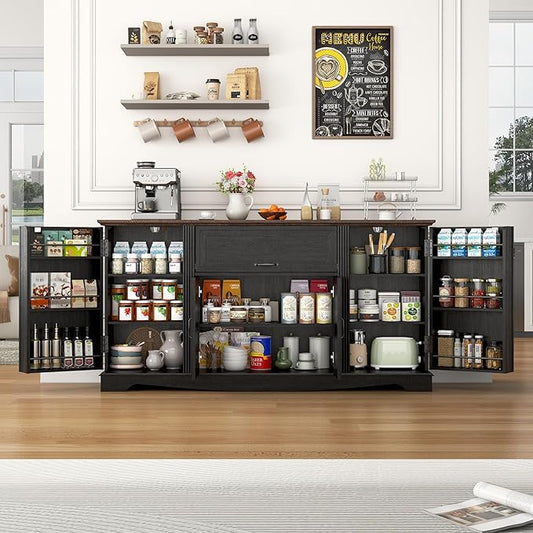 65" Sideboard Buffet Cabinet with Storage, Farmhouse Kitchen Pantries Sideboard Cabinets with Drawer, Wood Coffee Bar Cabinet with Adjustable Shelves, Storage Cabinets for Kitchen, Black