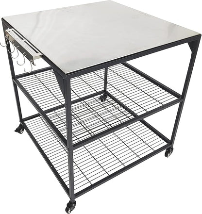 Three-Shelf Movable Stainless Steel & Steel Outdoor Dining Cart Table Pizza Oven Protable Grill and Heavy Duty Grill Cart Outdoor Table